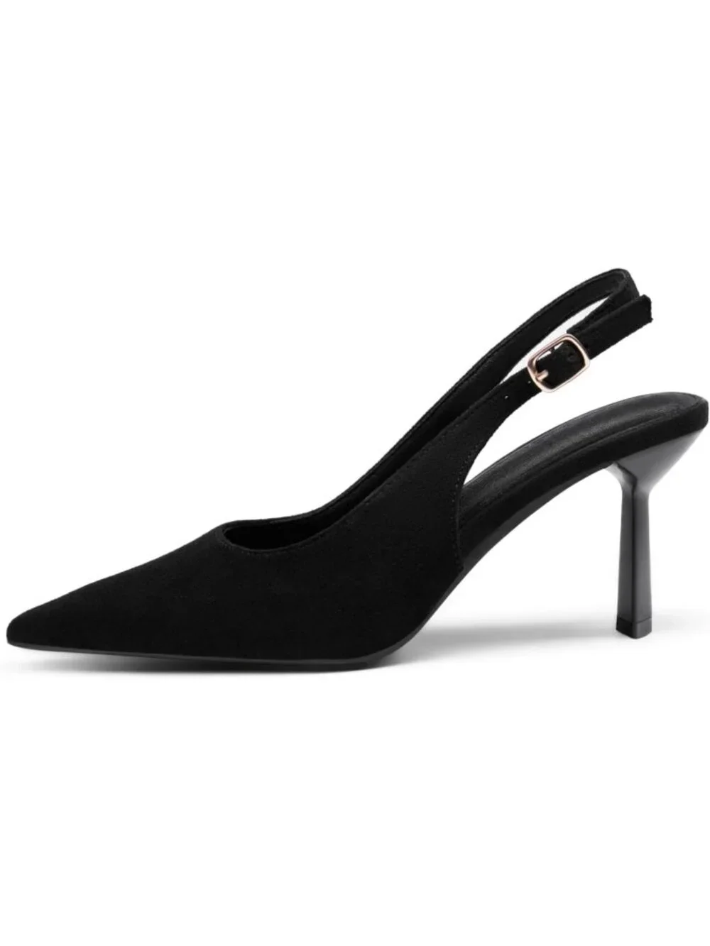 Women's Black Suede Rubber Slingback Kitten Heel Closed Pointed Toe Buckle Pumps